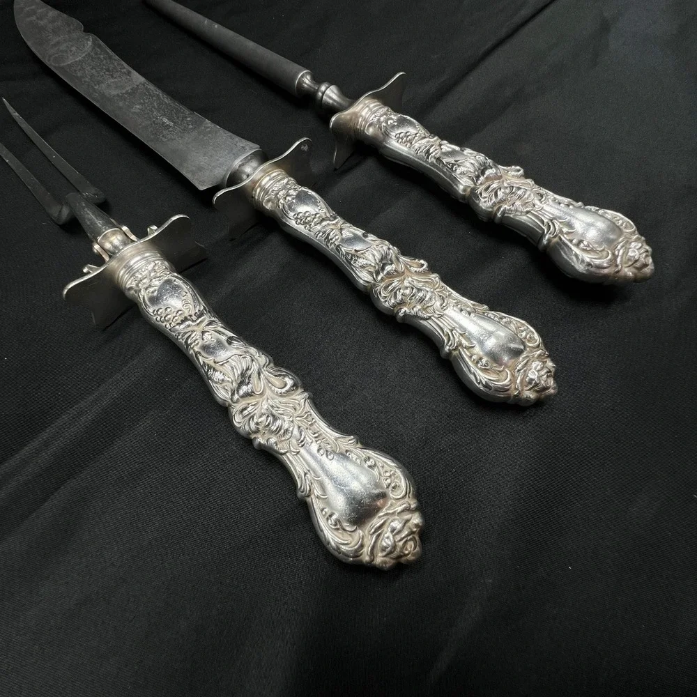 VTG 1835 R Wallace Silver Plate 3 Pcs Carving Set Knife Fork Steel Ornate Floral